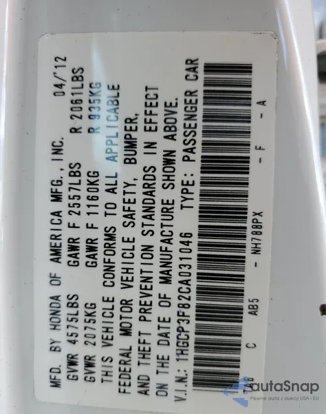 2012 Honda Accord Exl from USA, damaged, VIN 1HGCP3F82CA031046